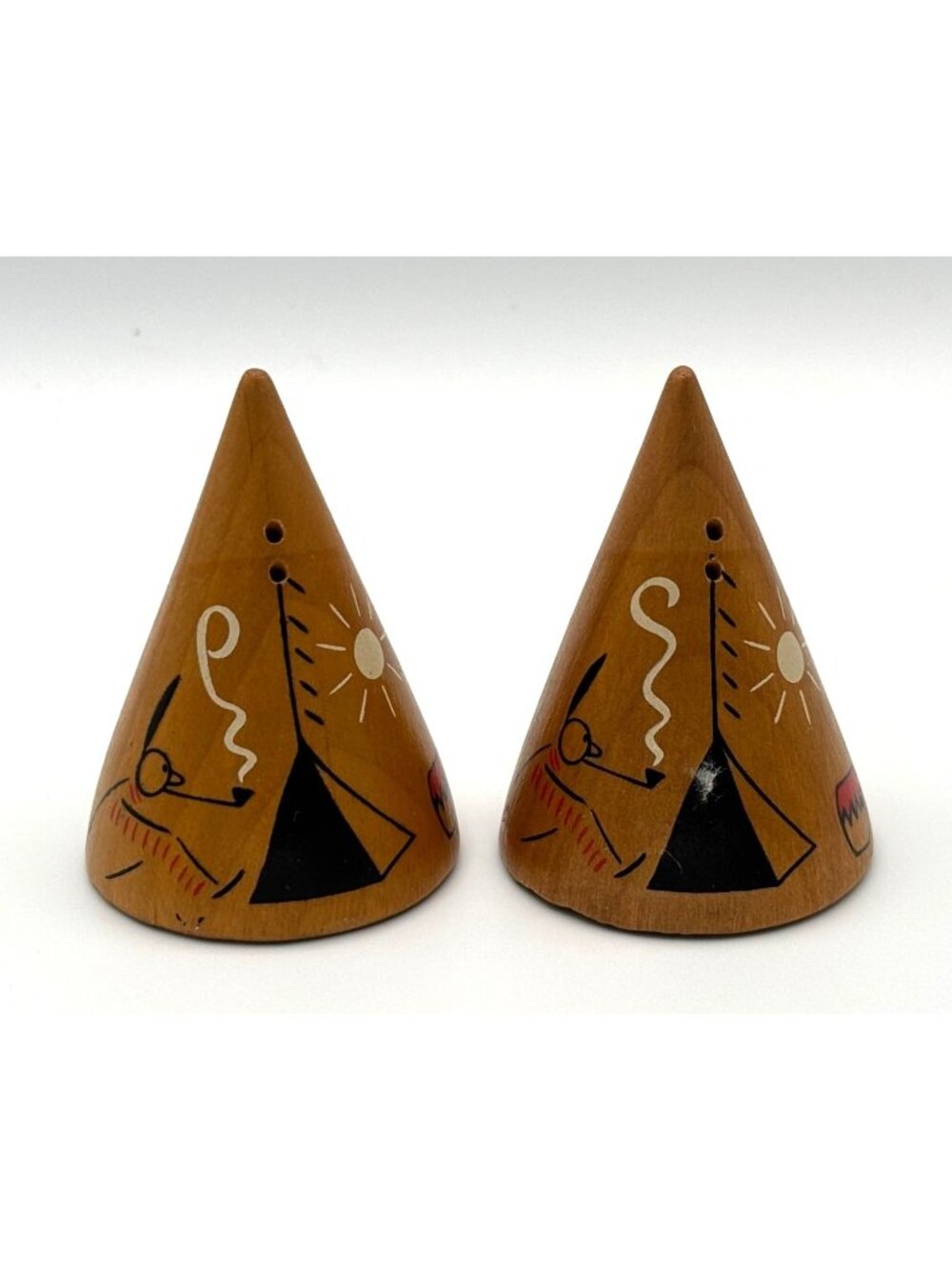 Vintage Wood Teepee Native American Peace Pipe Salt and Pepper Shakers